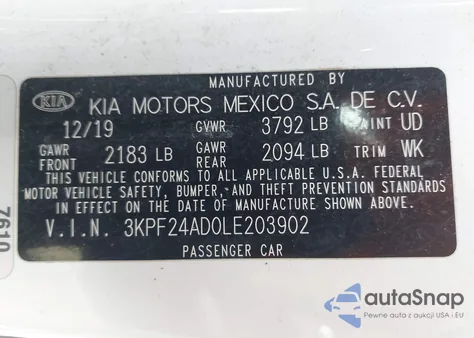 2020 Kia Forte Lxs из США, поврежденный, VIN 3KPF24AD0LE203902